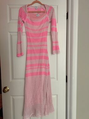 Crochet Pink and Hot Pink Striped long sleeve Open-Knit Maxi Dress